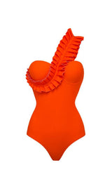 ONE SHOULDER RUFFLE ONE PIECE ORANGE SWIMSUIT styleofcb 