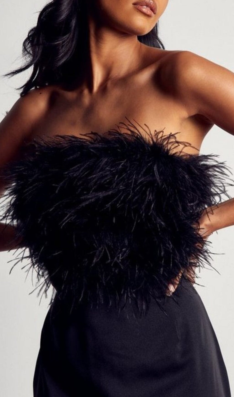 BLACK STRAPLESS FEATHER BODYCON MINI DRESS styleofcb 