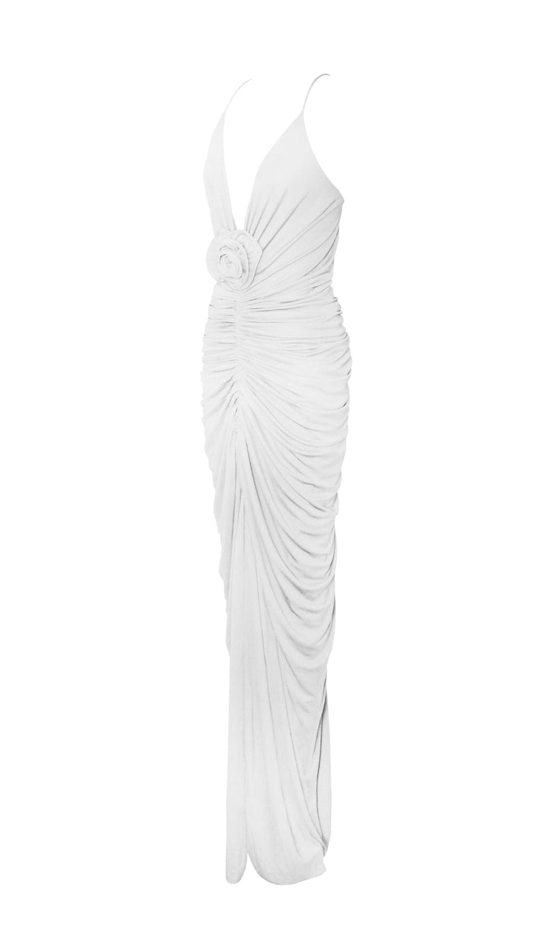 FLOWER-EMBELLISHED PLUNGE MAXI DRESS IN WHITE DRESS STYLE OF CB 