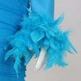 SHOULEDR PAD WAIST BARING FEATHER BLOUSE PLEATED DRESS IN BLUE styleofcb 