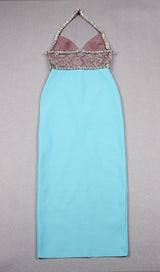 RHINESTONE PLUNGE MIDI DRESS IN TURQUOISE DRESS STYLE OF CB 