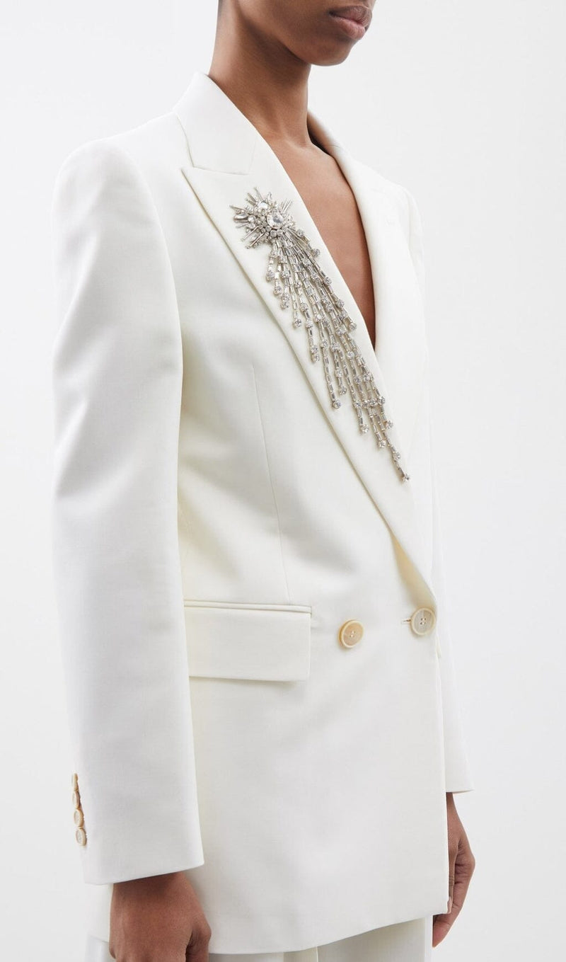 CRYSTAL EMBELLISHED CREPE SUIT SET IN WHITE STYLE OF CB 