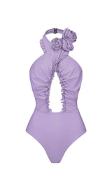 PURPLE HALTER 3D FLOWER ONE PIECE SWIMSUIT AND SARONG styleofcb SWIMSUIT S 