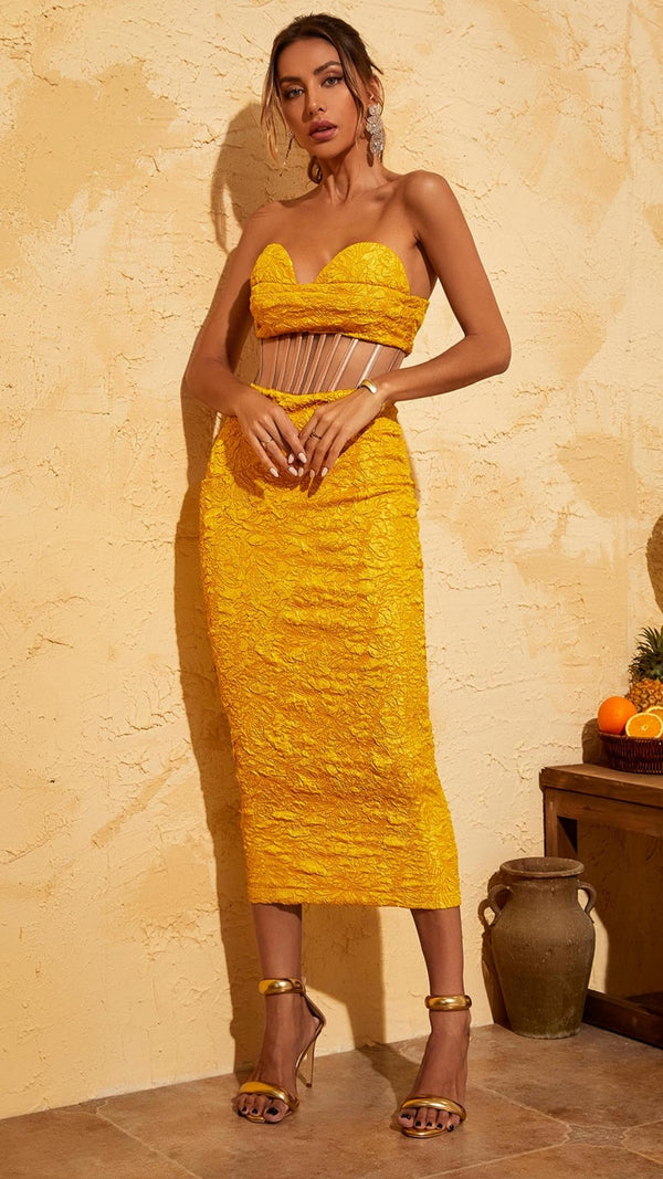 JACQUARD STRAPLESS MIDI DRESS IN YELLOW Dresses styleofcb 