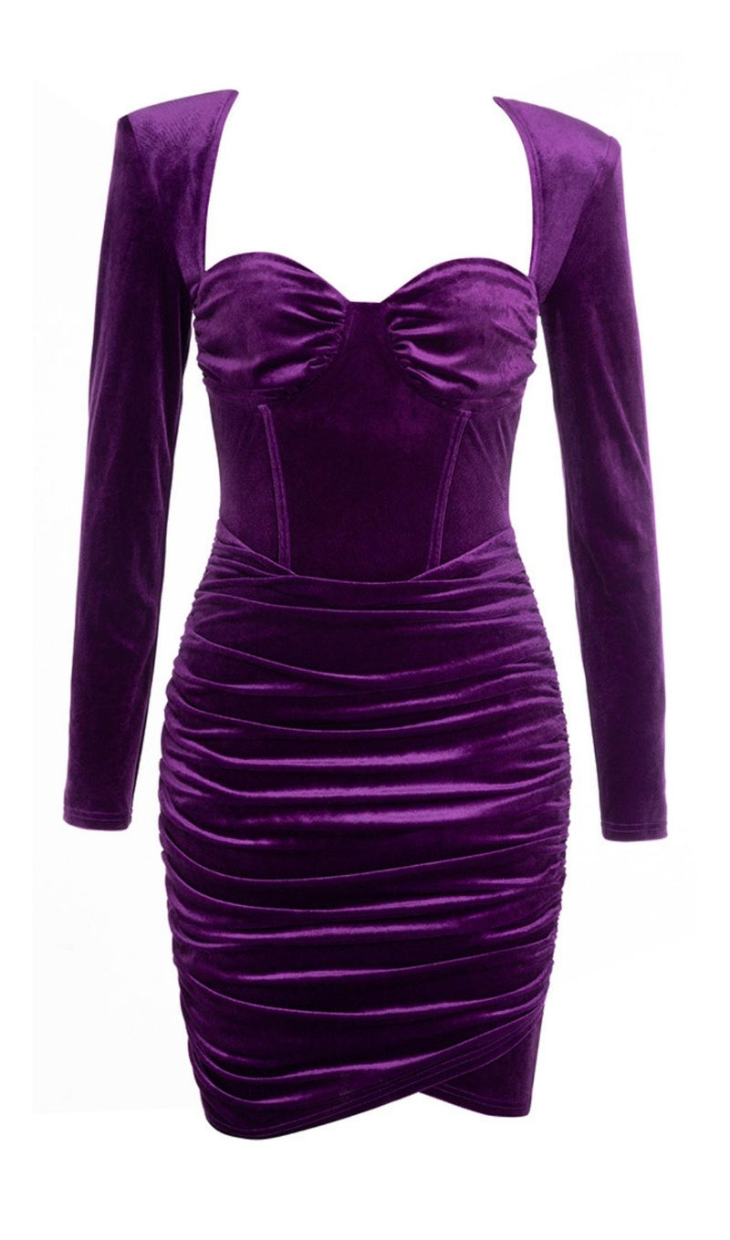LONG SLEEVES RUCHED MINI DRESS IN PURPLE Dresses styleofcb 