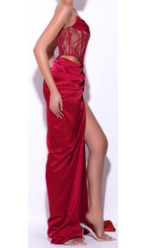 CORSET SATIN PLEATED MAXI DRESS IN RED DRESS STYLE OF CB 