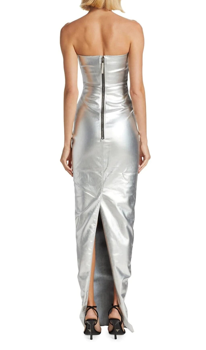 FAUX LEATHER STRAPLESS MAXI DRESS IN SILVER dresses styleofcb 