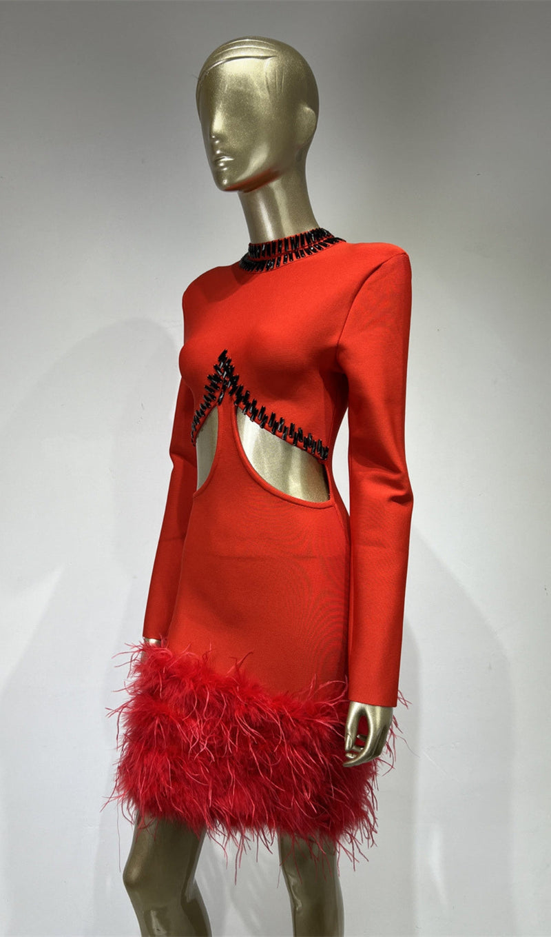 RHINESTONE CUTOUT FEATHER BANDAGE DRESS IN RED