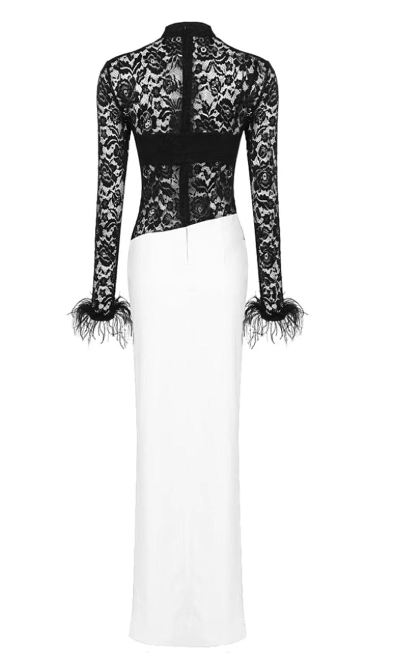 SPLICED LACE FEATHER SLIT DRESS IN BLACK AND WHITE styleofcb 