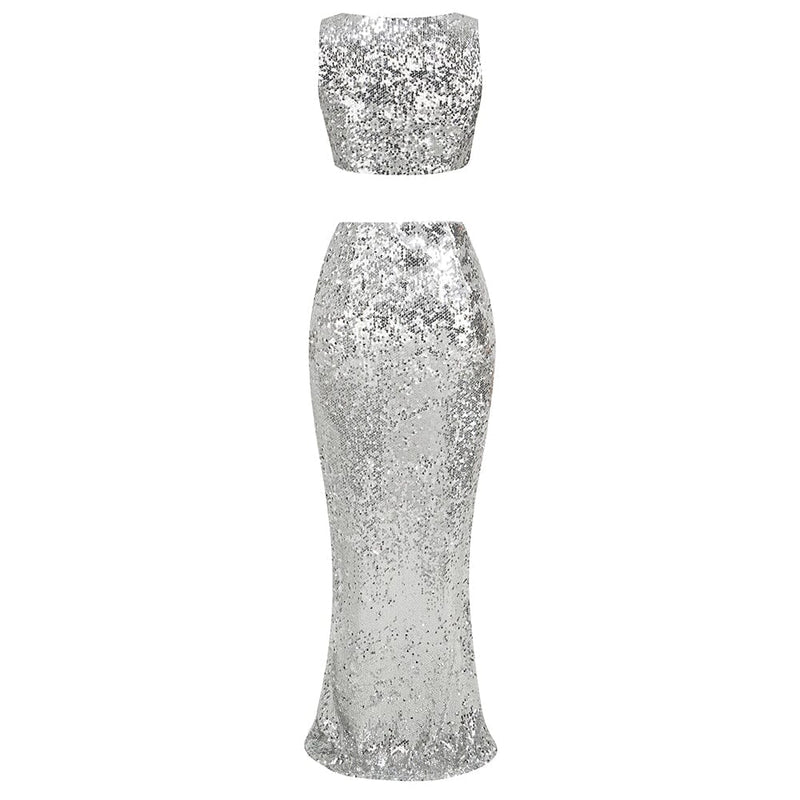 SEQUIN SLIT TWO-PIECE SUIT IN METALLIC SILVER DRESS STYLE OF CB 