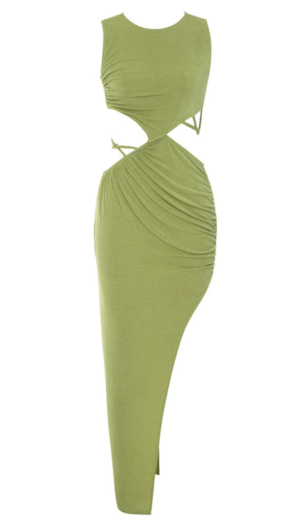 CUT OUT RUCHED MIDI DRESS IN GREEN DRESS styleofcb 