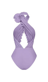 PURPLE HALTER 3D FLOWER ONE PIECE SWIMSUIT AND SARONG styleofcb 