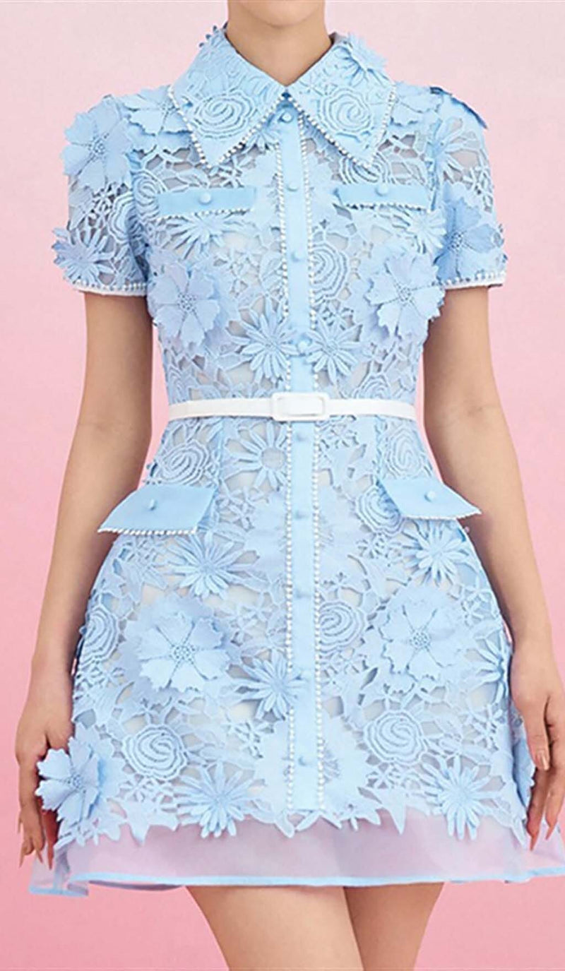 A-LINE FLORAL EMBROIDERY MINI DRESS IN BLUE DRESS STYLE OF CB 