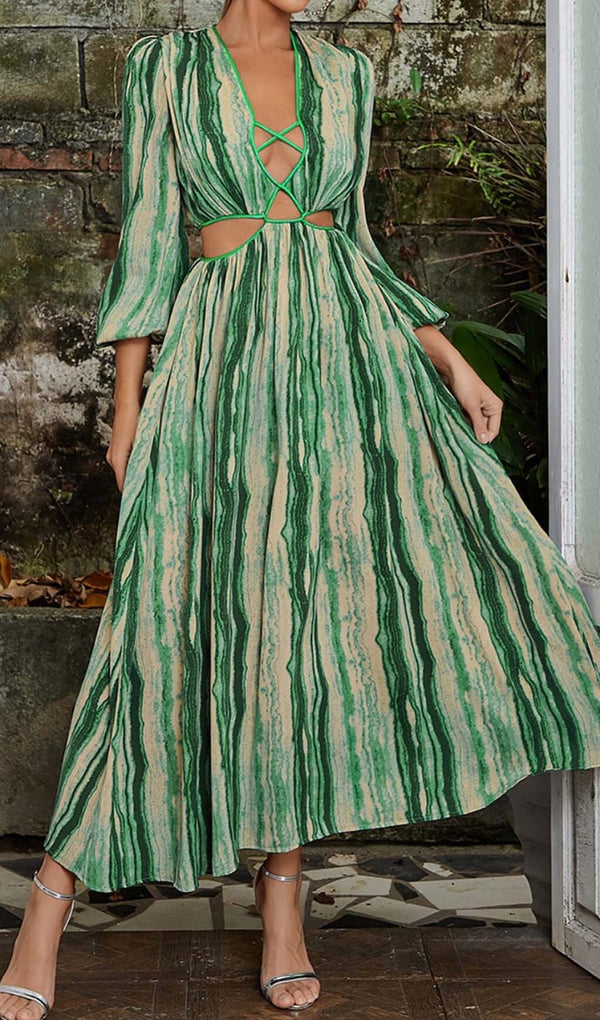ALLOVER PRINT CUT OUT PUFF SLEEVE DRESS IN EMERALD GEMSTONE DRESS STYLE OF CB 