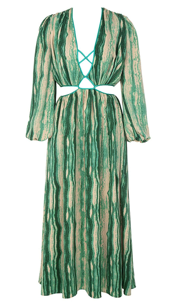 ALLOVER PRINT CUT OUT PUFF SLEEVE DRESS IN EMERALD GEMSTONE DRESS STYLE OF CB 