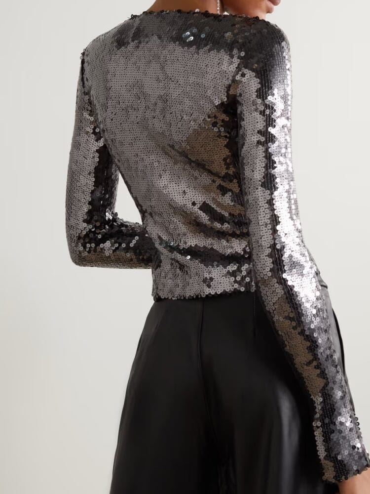 ANTHRACITE SEQUINED STRETCH-TULLE TOP TOP styleofcb 