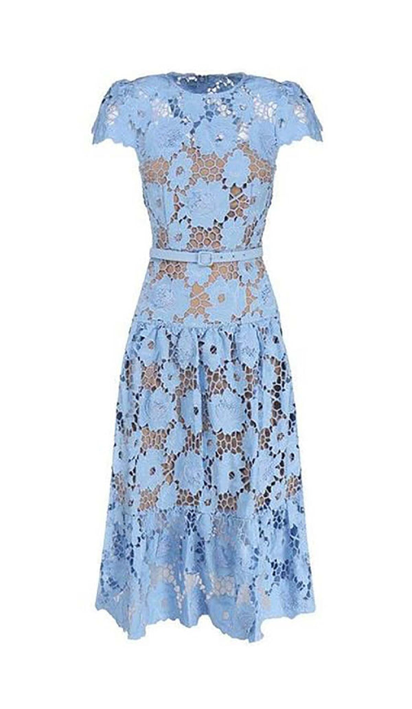 APPLIQUÉD FLORAL LACE MIDI DRESS IN BLUE DRESS STYLE OF CB 