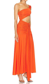 ASYMMETRIC RUCHED JERSEY MAXI DRESS IN ORANGE DRESS sis label 