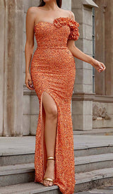 ASYMMETRIC SEQUIN MAXI DRESS IN ORANGE DRESS sis label 