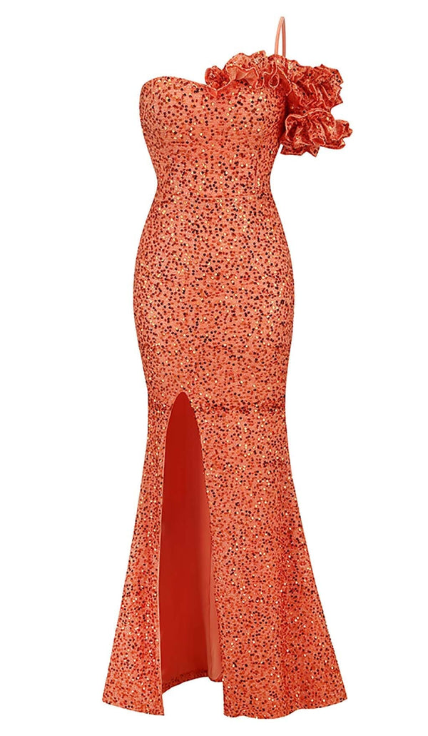 ASYMMETRIC SEQUIN MAXI DRESS IN ORANGE DRESS sis label 