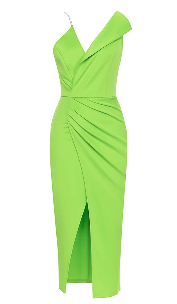 ASYMMETRIC SHOULDER MIDI DRESS IN GREEN DRESS STYLE OF CB 