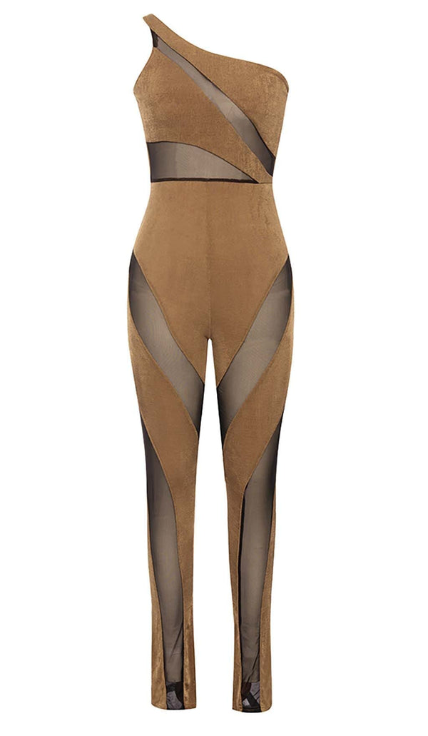 ASYMMETRICAL PATTERN MESH JUMPSUIT IN BROWN DRESS STYLE OF CB 