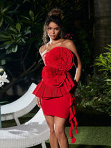 STRAPLESS FLOWER PLEATED TOP IN RED Tops styleofcb 