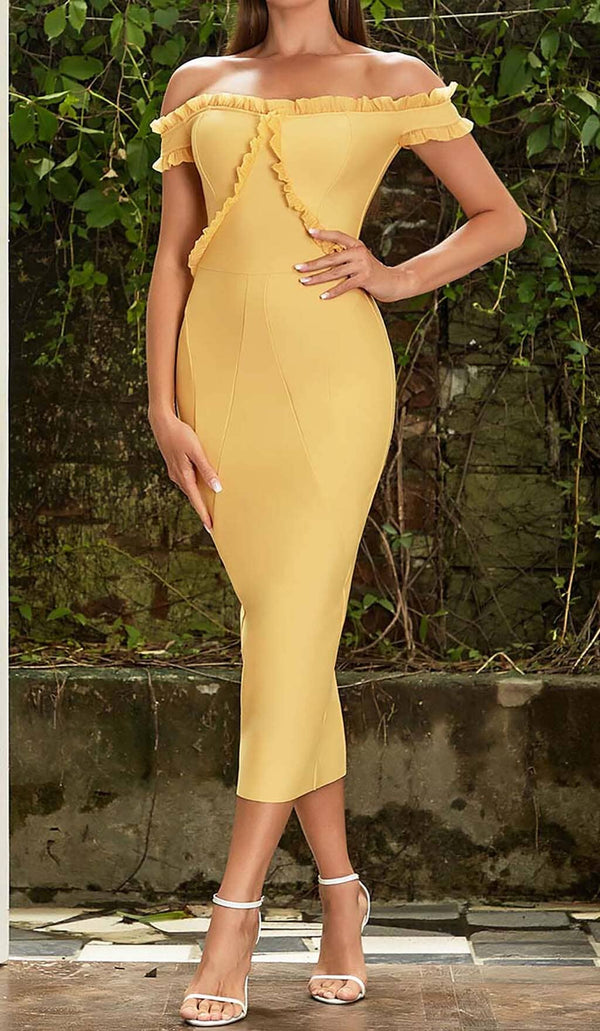 BANDEAU BANDAGE MIDI DRESS IN YELLOW DRESS STYLE OF CB 