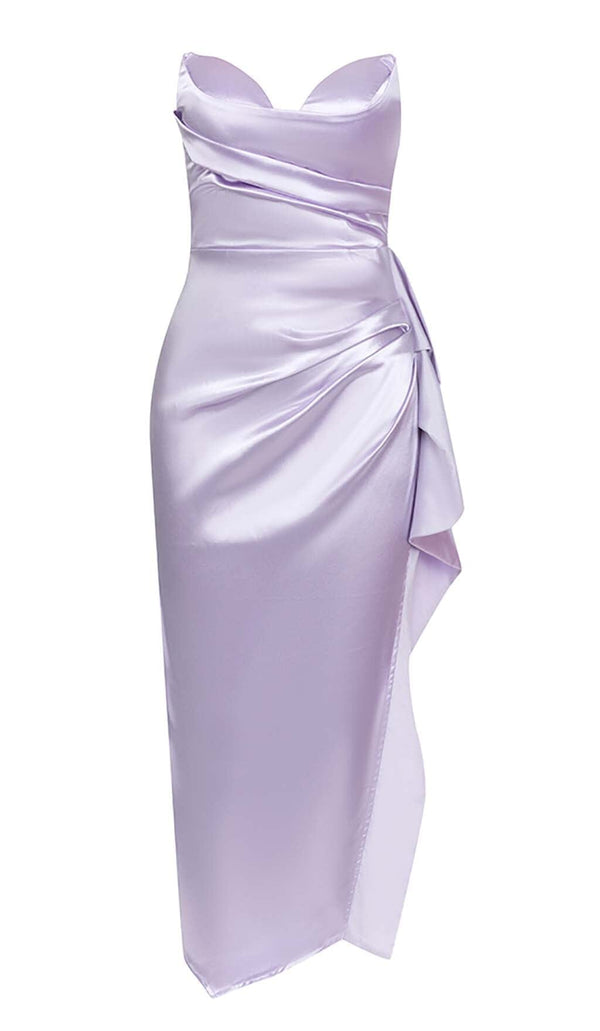 BANDEAU RUCHED SATIN MIDI DRESS IN LILAC DRESS STYLE OF CB 