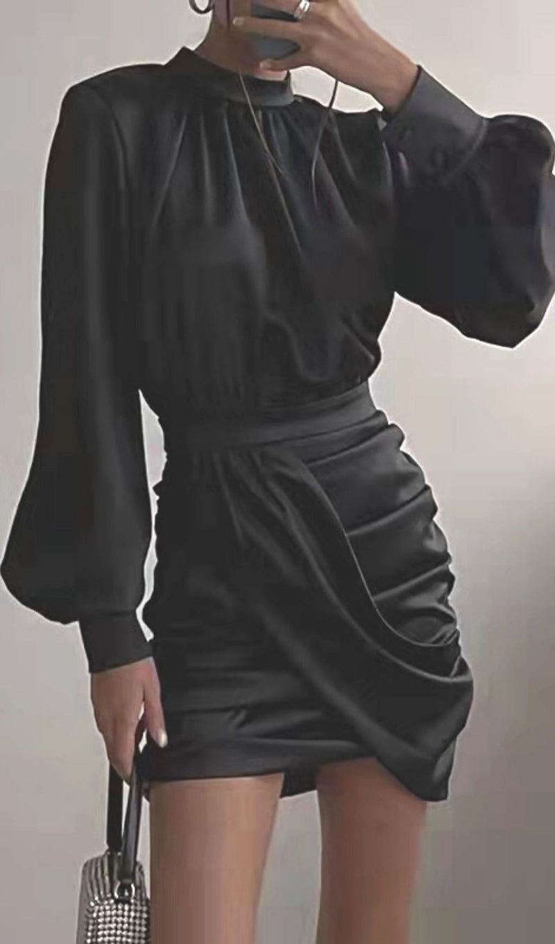 BLACK HEAVY SATIN HIGH NECKED DRAPED DRESS