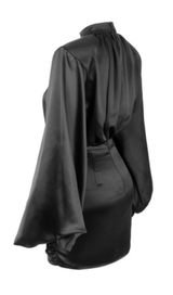BLACK HEAVY SATIN HIGH NECKED DRAPED DRESS