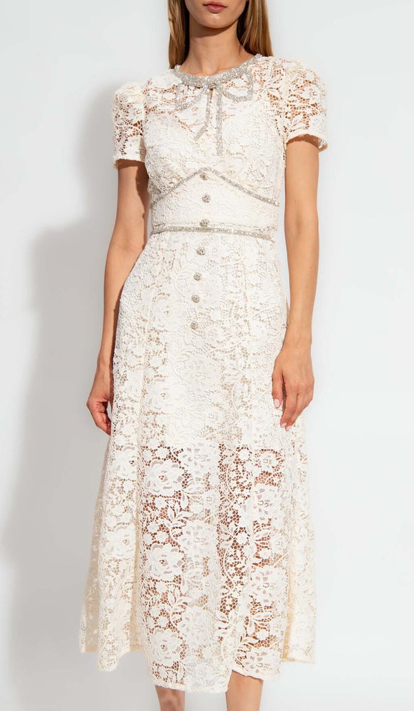 BOW-EMBELLISHED FLORAL-LACE MIDI DRESS IN BEIGE DRESS STYLE OF CB 