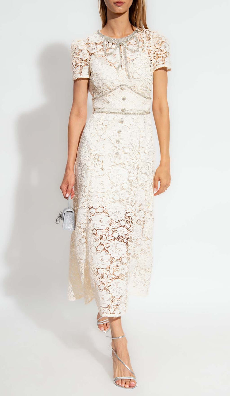 BOW-EMBELLISHED FLORAL-LACE MIDI DRESS IN BEIGE DRESS STYLE OF CB 