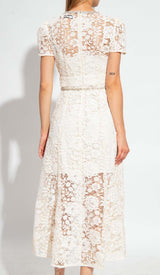 BOW-EMBELLISHED FLORAL-LACE MIDI DRESS IN BEIGE DRESS STYLE OF CB 