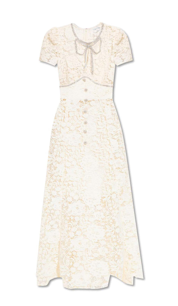 BOW-EMBELLISHED FLORAL-LACE MIDI DRESS IN BEIGE DRESS STYLE OF CB 