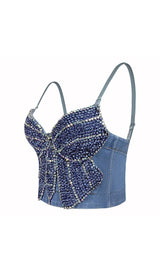 BOW-EMBELLISHED DENIM CROPPED TOP IN NAVY BLUE DRESS STYLE OF CB 