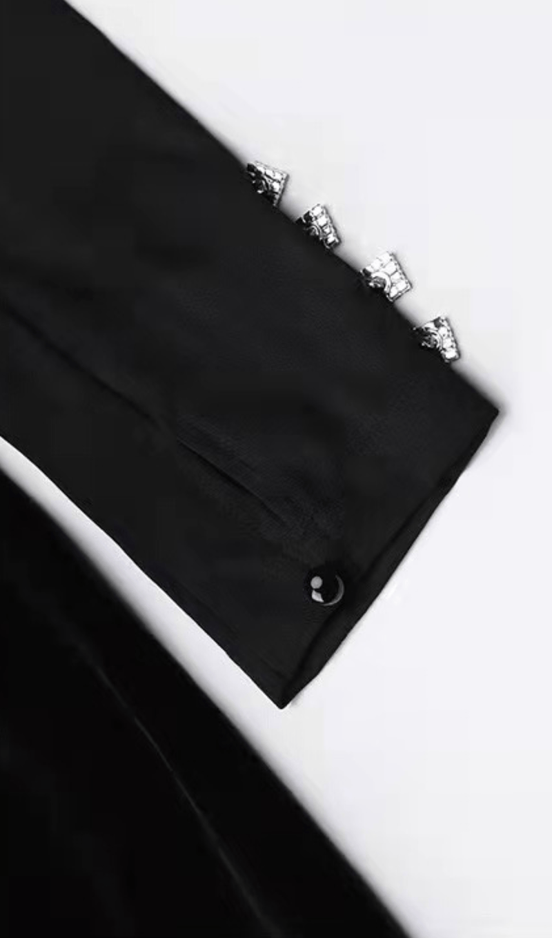 Black Mid-Neck Padded Shoulder Waist Tie Dress
