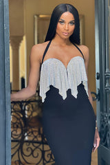 BLACK HALTER BANDAGE CORSETED DRESS WITH CRYSTAL CHAINMAIL Sequins Dress styleofcb 