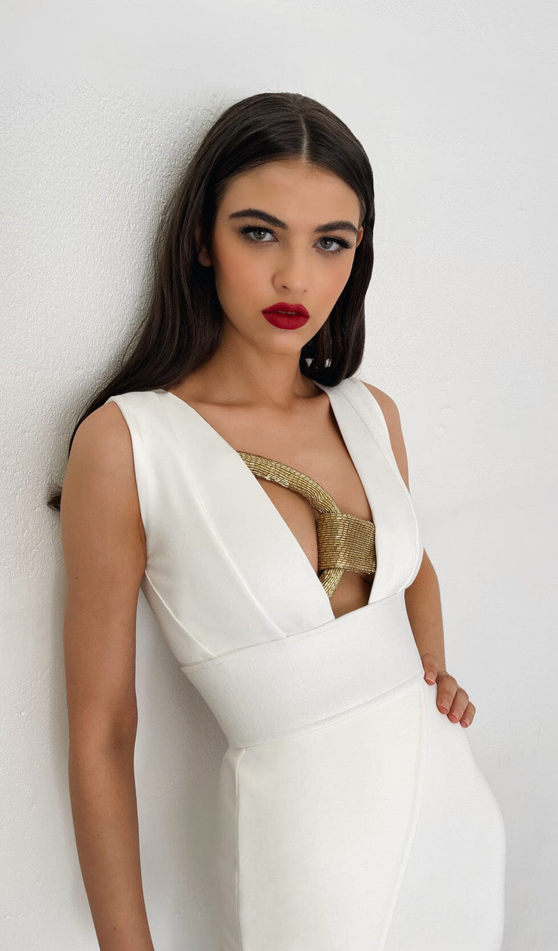 PLUNGE NECK MIDI DRESS IN WHITE DRESS styleofcb 