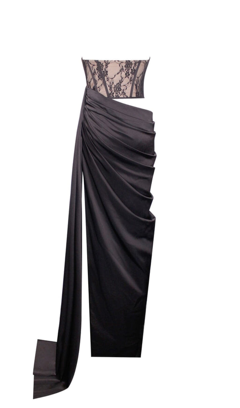 CORSET SATIN PLEATED MAXI DRESS IN BLACK DRESS STYLE OF CB 