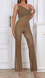 COWL-NECK SEQUIN JUMPSUIT IN KHAKI DRESS STYLE OF CB 