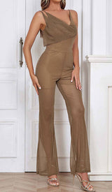 COWL-NECK SEQUIN JUMPSUIT IN KHAKI DRESS STYLE OF CB 