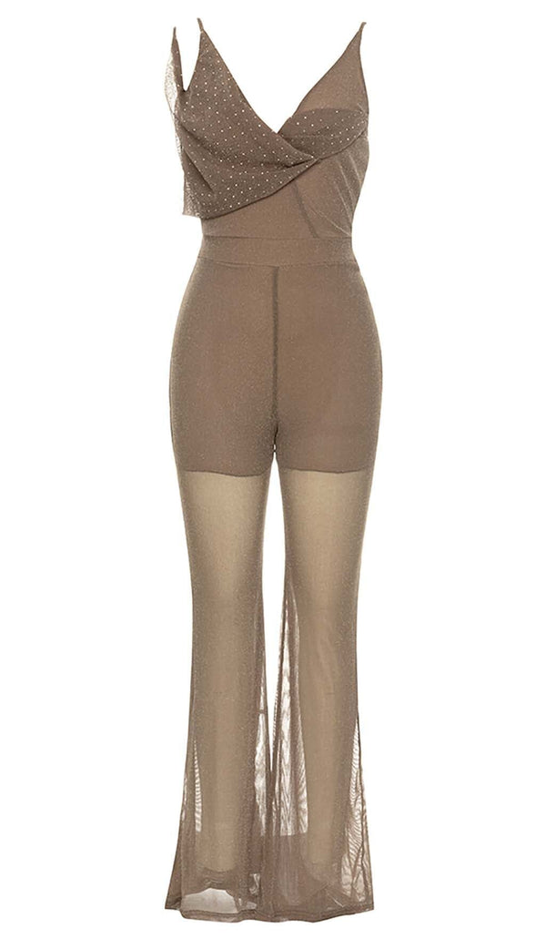 COWL-NECK SEQUIN JUMPSUIT IN KHAKI DRESS STYLE OF CB 
