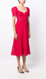 CREPE-TEXTURE LACED MIDI DRESS IN RED DRESS STYLE OF CB 