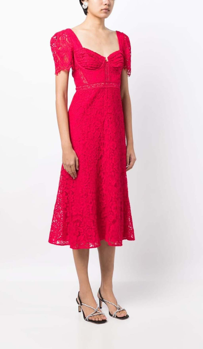 CREPE-TEXTURE LACED MIDI DRESS IN RED DRESS STYLE OF CB 