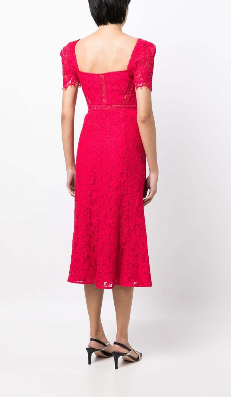 CREPE-TEXTURE LACED MIDI DRESS IN RED DRESS STYLE OF CB 