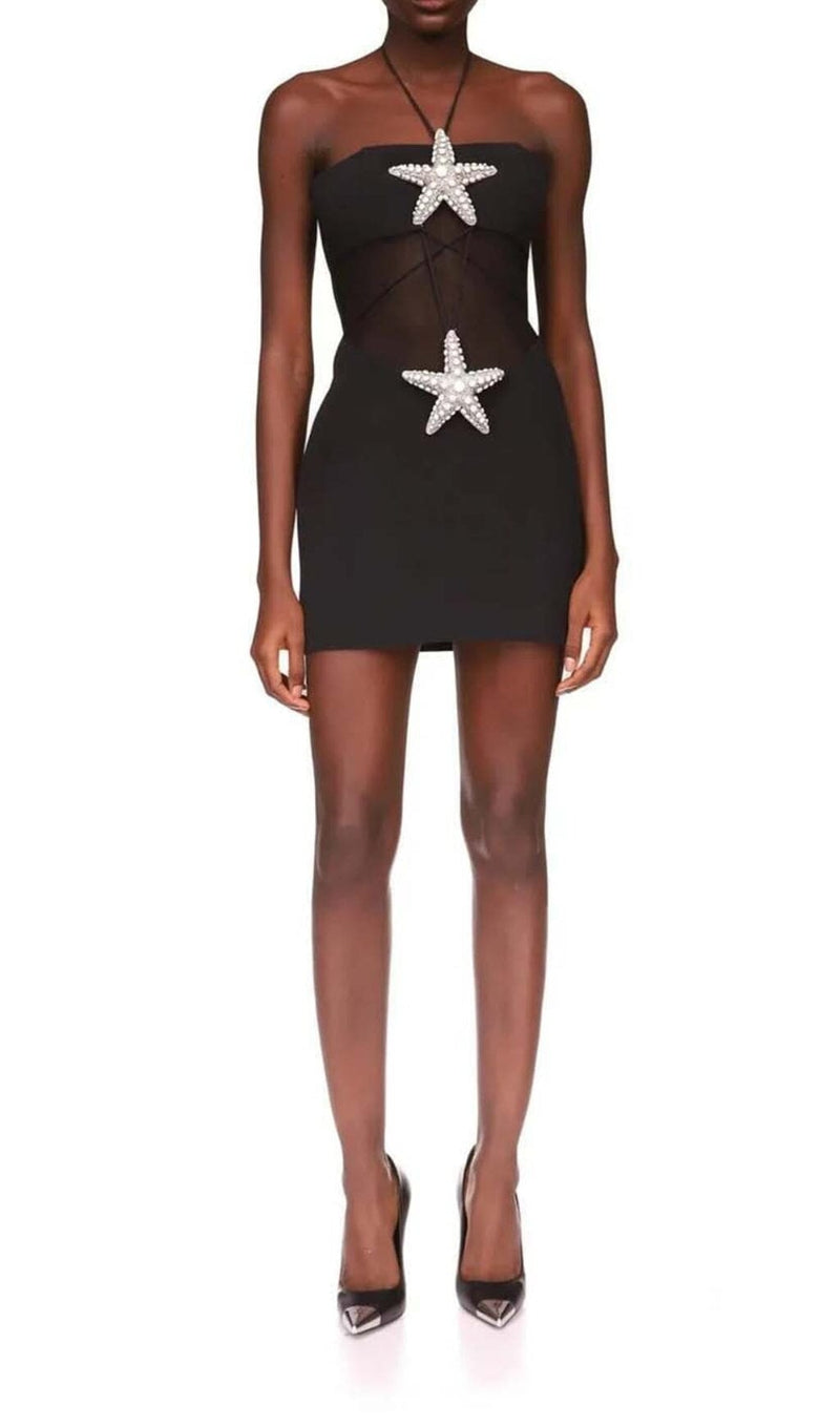 CRYSTAL STARFISH HALTER MINI DRESS IN BLACK styleofcb 