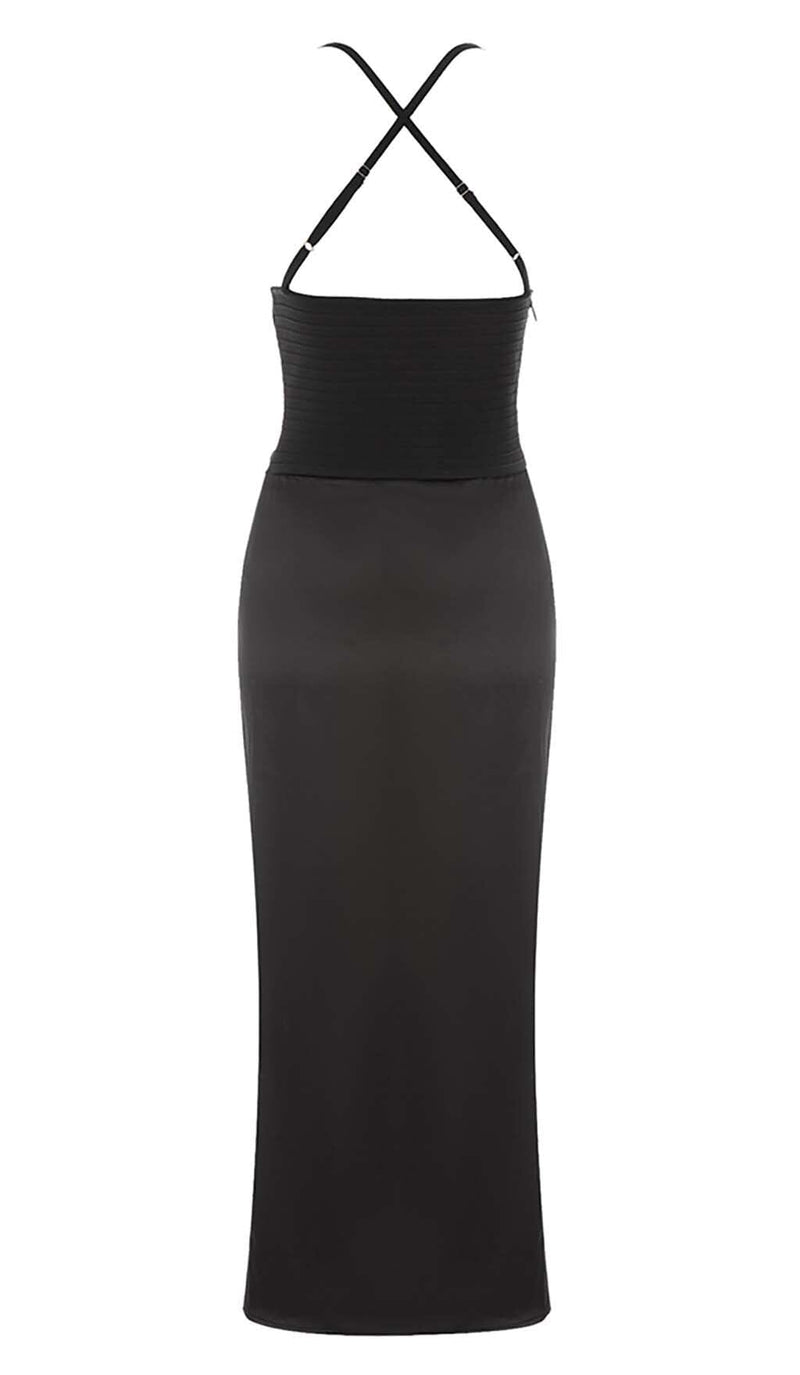 CUT OUT FRONT SATIN CAMI MIDI DRESS IN BLACK DRESS STYLE OF CB 