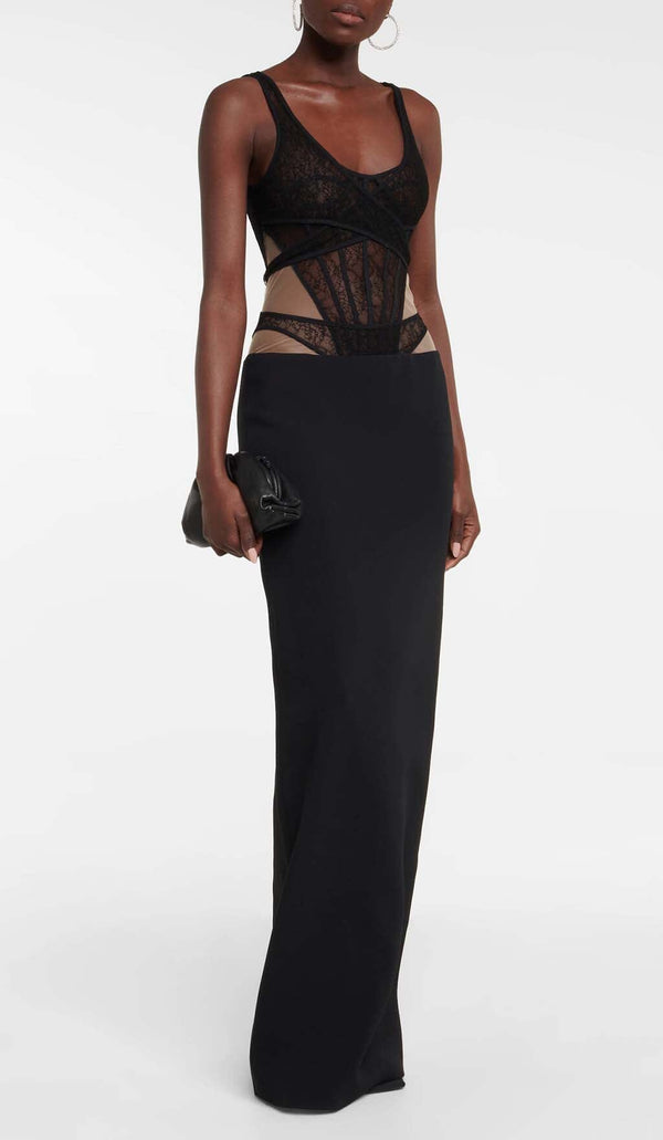 CUT-OUT TULLE CORSET MAXI DRESS IN BLACK DRESS STYLE OF CB 