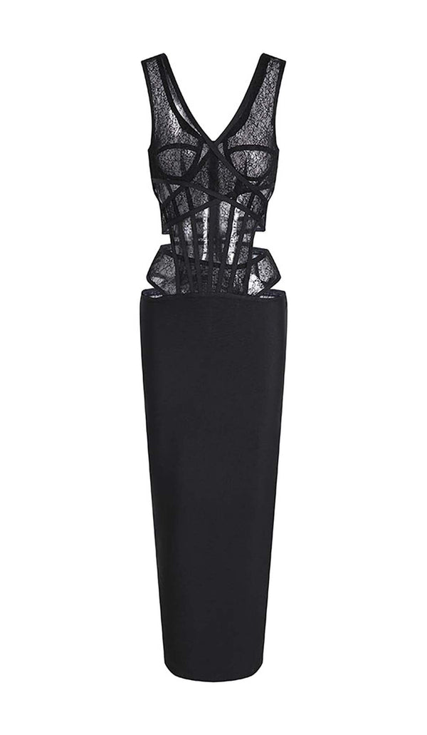 CUT-OUT TULLE CORSET MAXI DRESS IN BLACK DRESS STYLE OF CB 